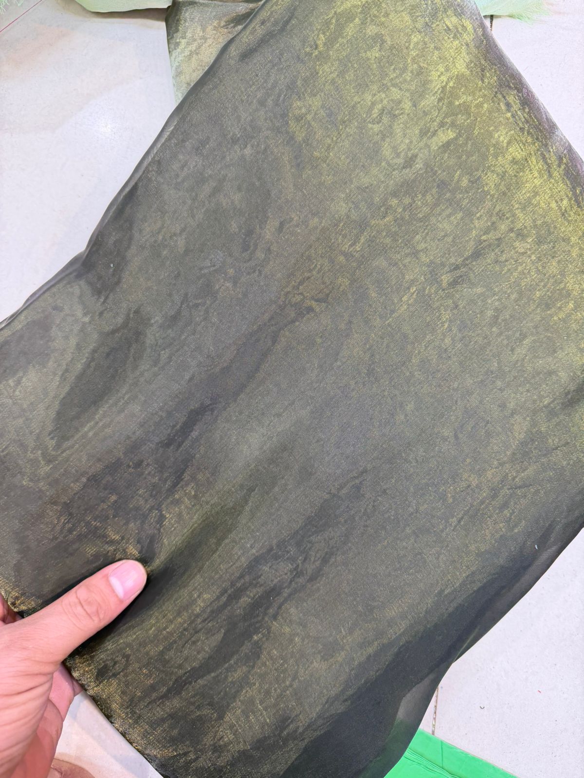 Dark Olive Green Fendy Fabric | Plain Shimmer Fendy Material | Lightweight Dupatta & Overlay Fabric | ₹150 per Meter