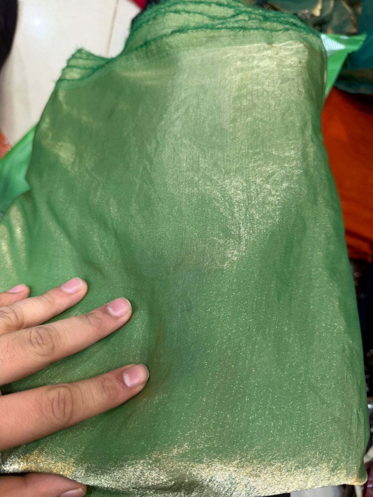 Parrot Green Fendy Fabric | Plain Shimmer Fendy Material | Soft & Flowing | ₹150 per Meter