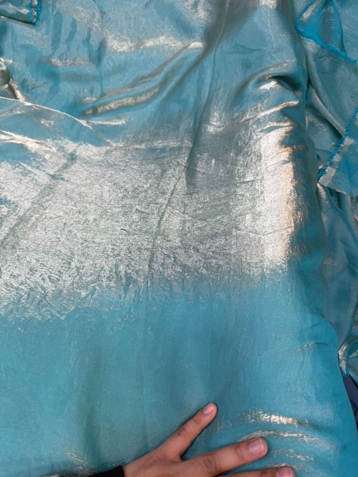 Aqua Blue Metallic Organza Fabric – Lightweight Sheer Shimmer Cloth | ₹150 Per Meter