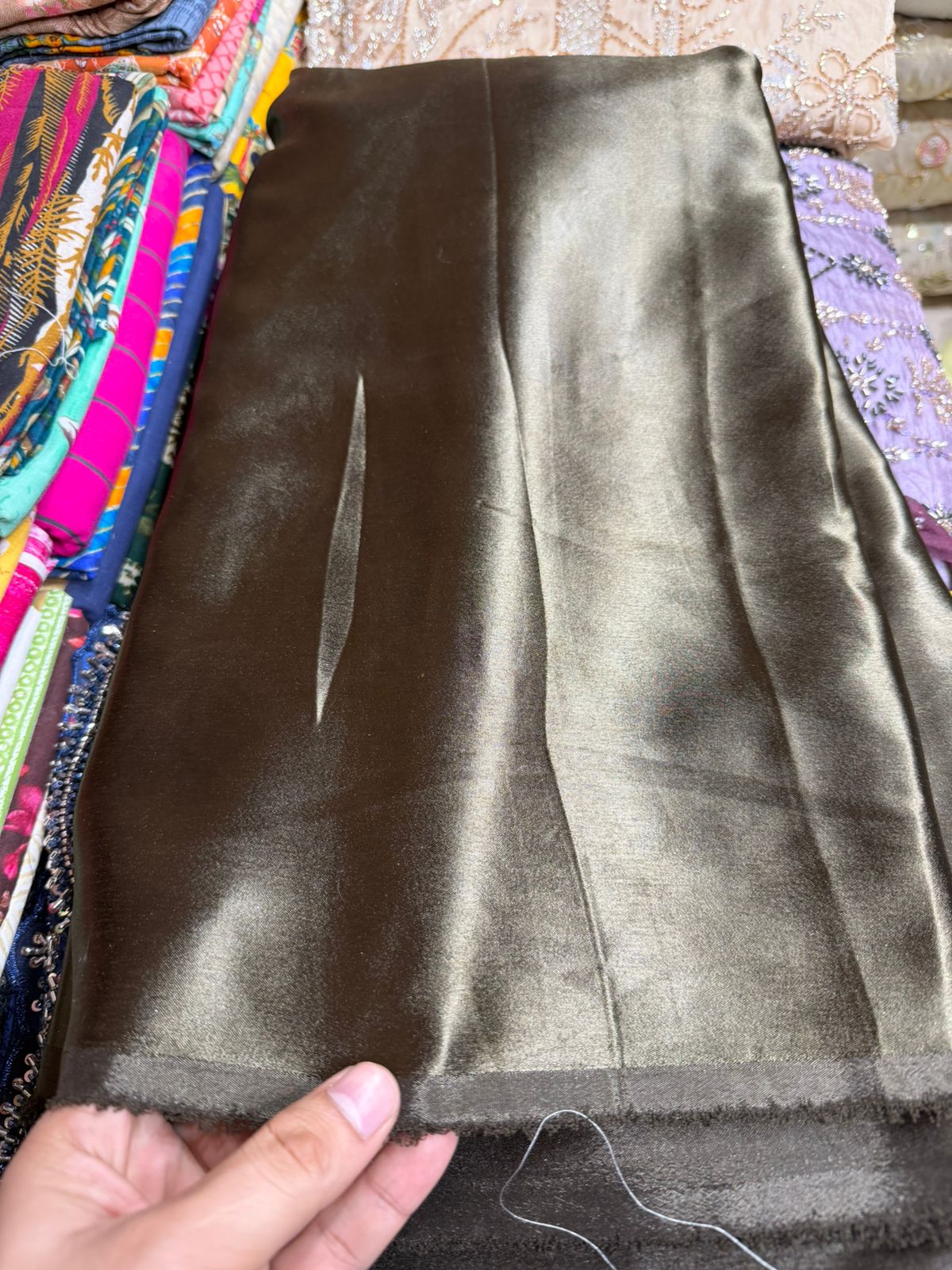 German Silk Fabric – Olive Bronze | Smooth Glossy Finish | Easy Stitching | ₹120 per Meter