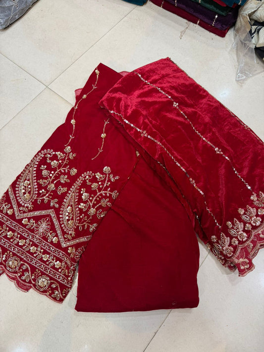 Red Velvet Heavy Embroidered Fabric – Zari & Sequence Paisley Border Work | Premium Bridal Material (Fornt .75 work  Back and bottom 3.5 plan  Dupatta 2)
