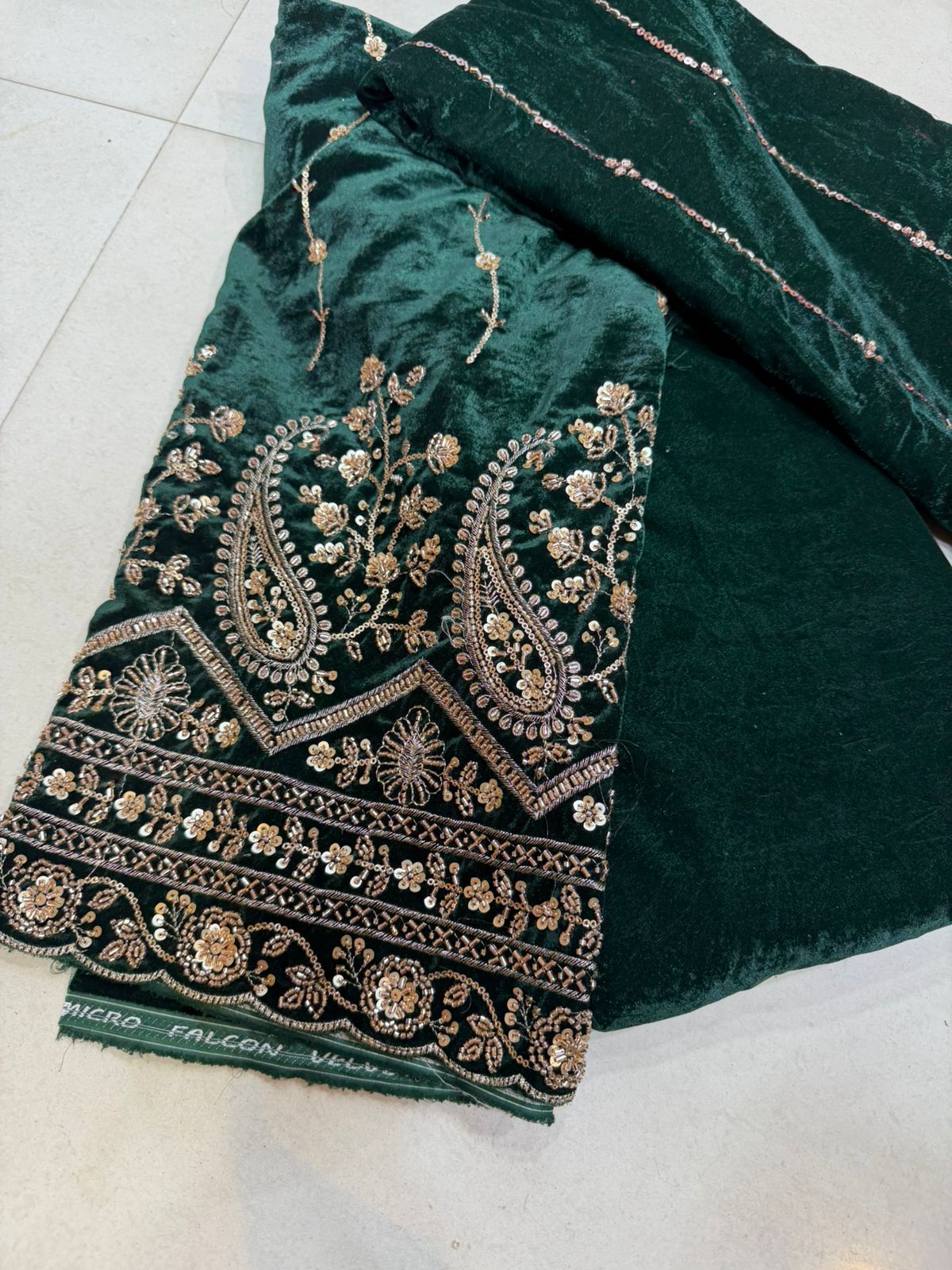 Dark Green Velvet Heavy Embroidered Fabric – Zari &amp; Sequence Paisley Border Work | Premium Party & Bridal Material (Fornt .75 work Back and bottom 3.5 plan Dupatta work 2)