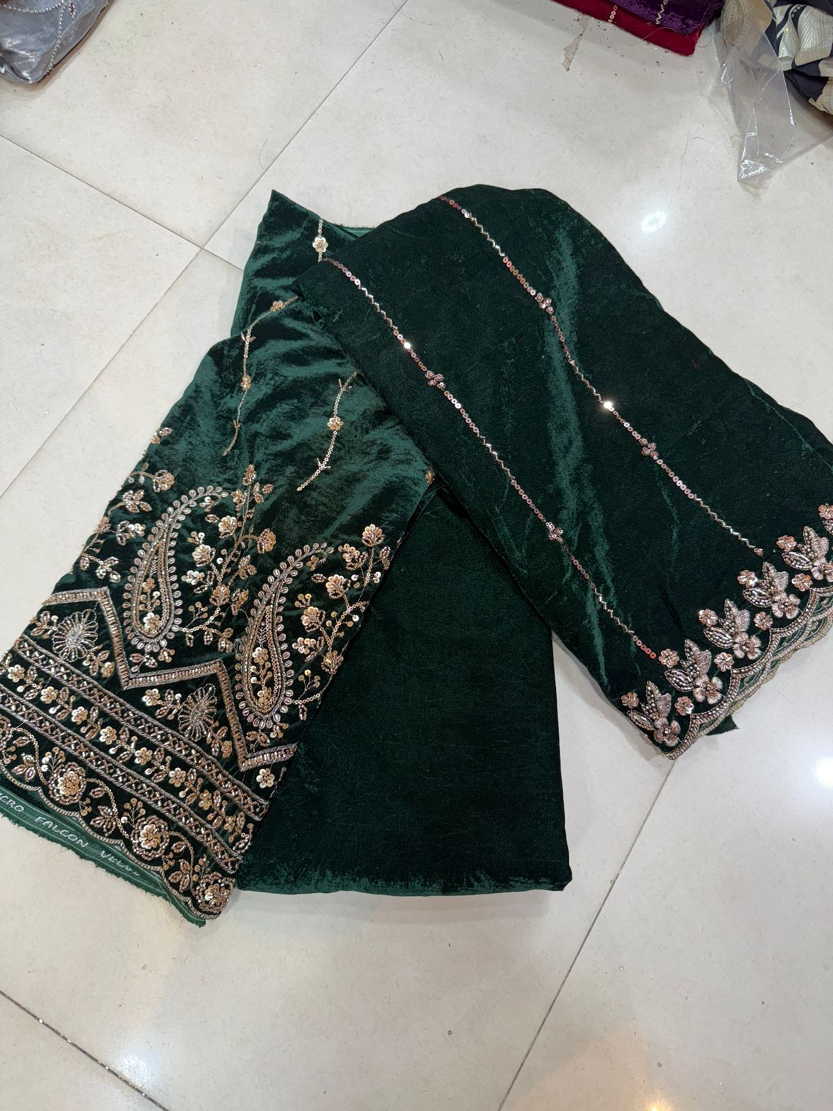 Dark Green Velvet Heavy Embroidered Fabric – Zari &amp; Sequence Paisley Border Work | Premium Party & Bridal Material (Fornt .75 work Back and bottom 3.5 plan Dupatta work 2)