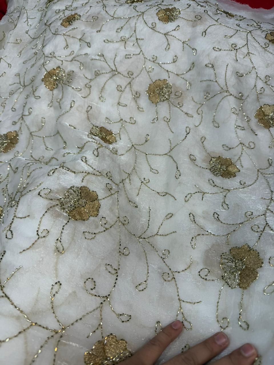 Red Fendy Work Embroidered Fabric with Golden Floral Design – Premium Dress Material | ₹350 per Meter