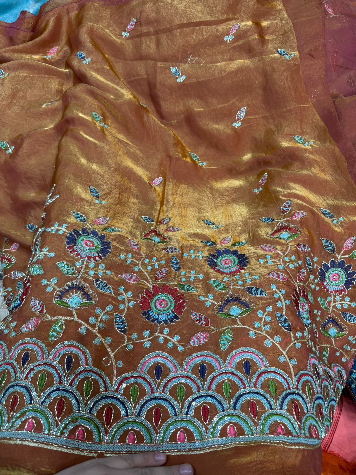 Purple Fendy Work Embroidered Fabric with Heavy Multi-Color Floral Border | ₹350 per Meter