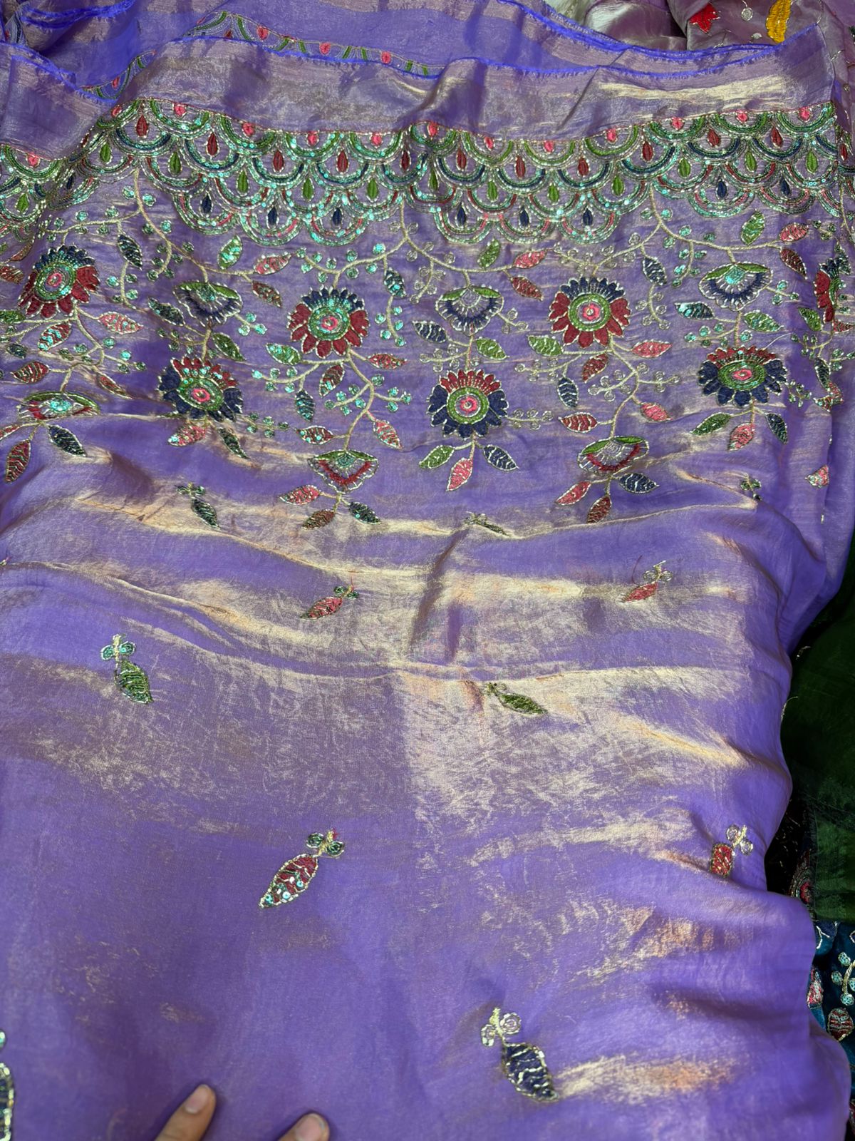 Purple Fendy Work Embroidered Fabric with Heavy Multi-Color Floral Border | ₹350 per Meter