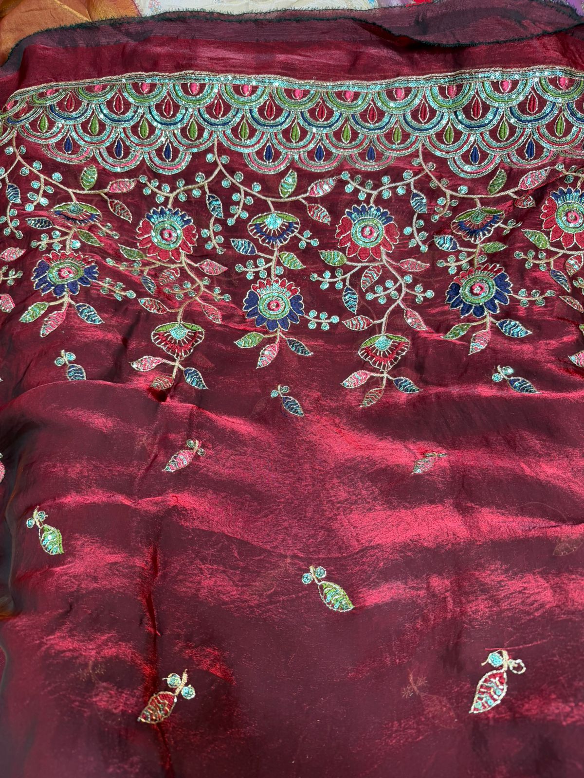 Purple Fendy Work Embroidered Fabric with Heavy Multi-Color Floral Border | ₹350 per Meter