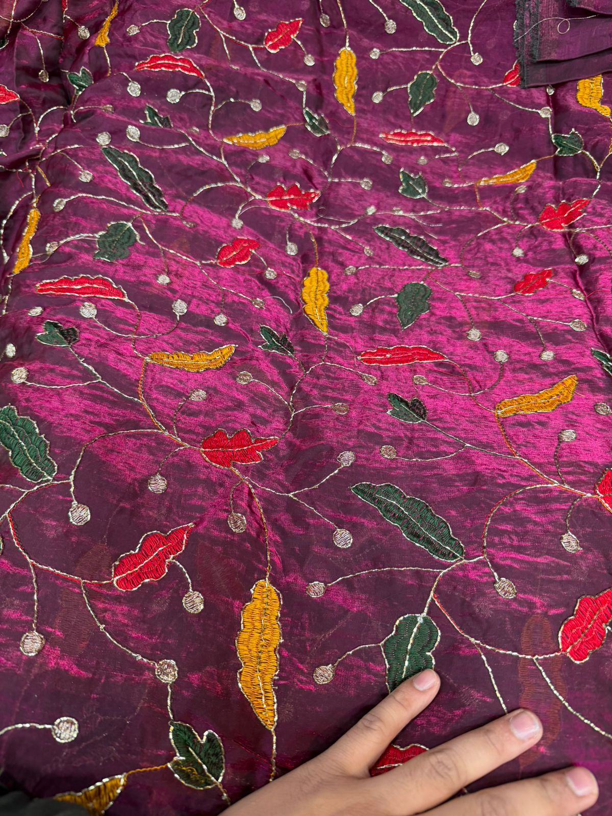 Sky Blue Fendy Work Leaf Embroidered Fabric – Multi-Color All Over Design | ₹350 per Meter