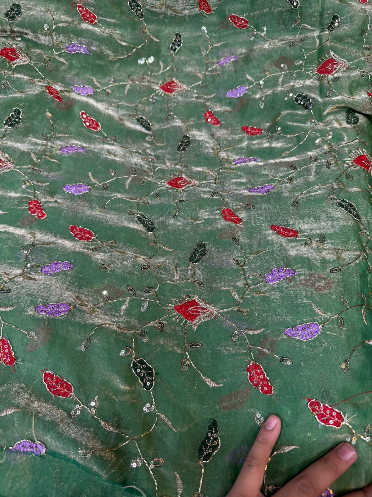 Sky Blue Fendy Work Leaf Embroidered Fabric – Multi-Color All Over Design | ₹350 per Meter