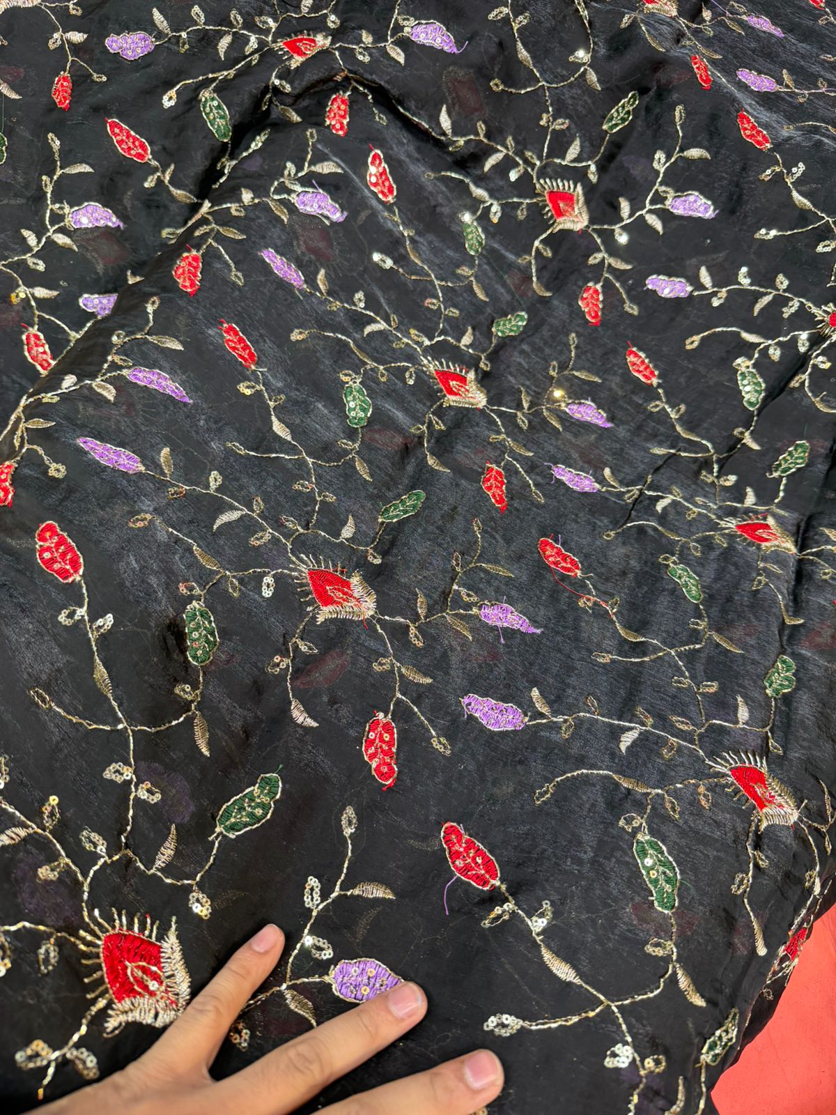 White Fendy Work Multi-Color Leaf Embroidered Fabric – All Over Design | ₹350 per Meter