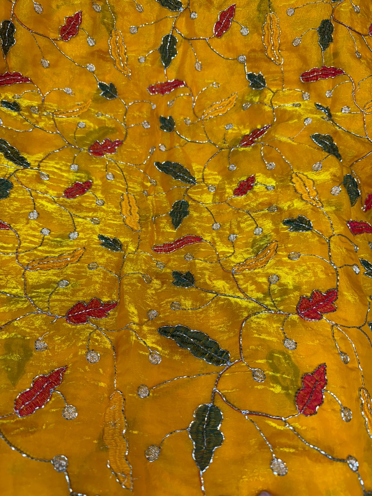 White Fendy Work Multi-Color Leaf Embroidered Fabric – All Over Design | ₹350 per Meter