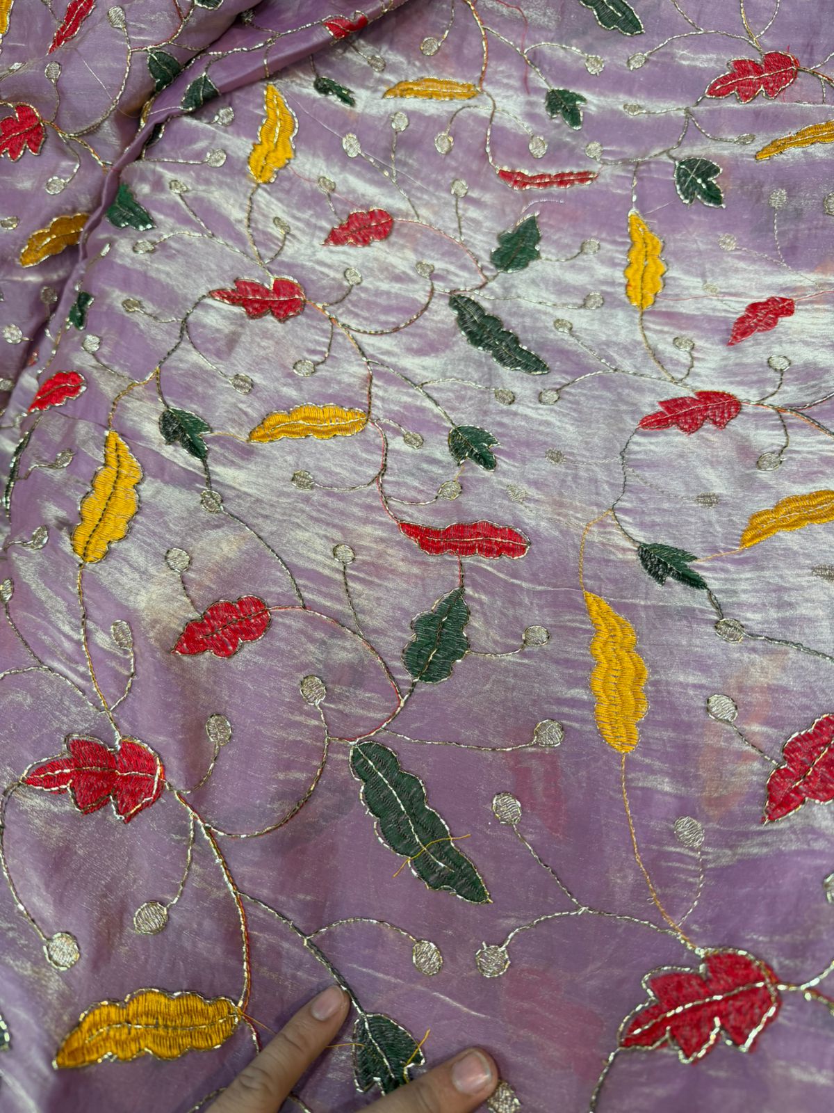 White Fendy Work Multi-Color Leaf Embroidered Fabric – All Over Design | ₹350 per Meter