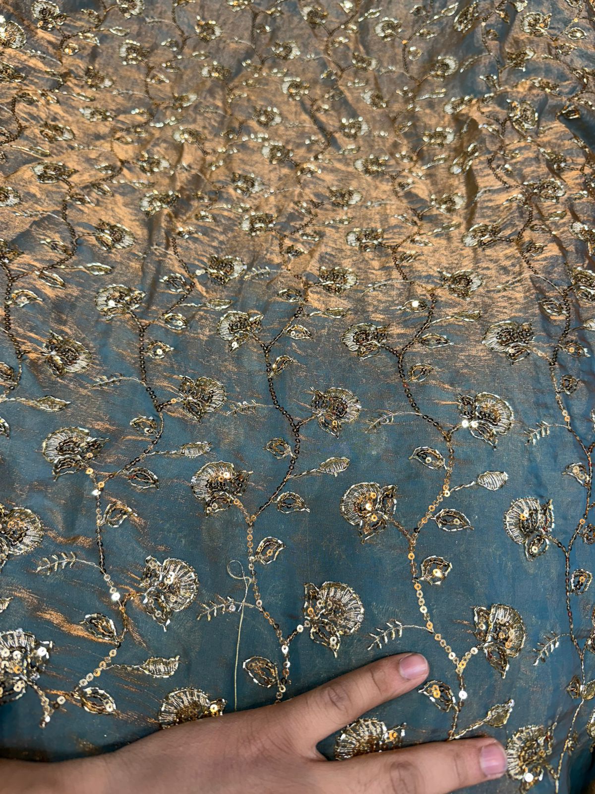 Lavender Fendy Work Gold Floral Embroidered Fabric – All Over Design | ₹350 per Meter