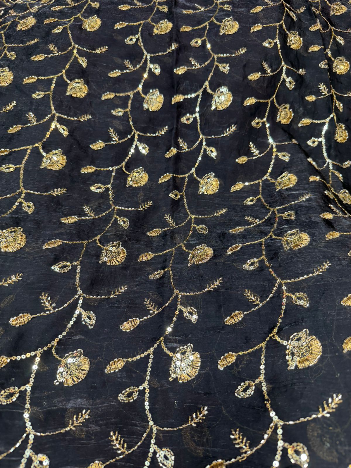 Lavender Fendy Work Gold Floral Embroidered Fabric – All Over Design | ₹350 per Meter