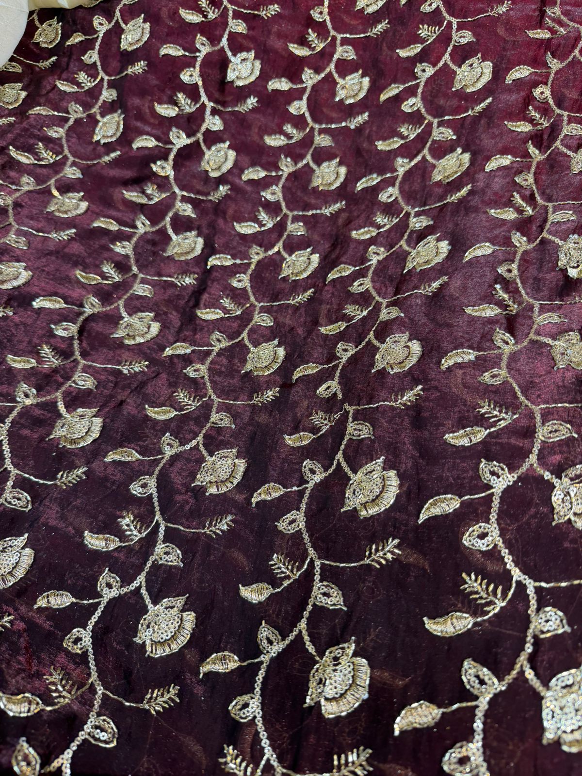 White Fendy Work Gold Floral Embroidered Fabric – All Over Design | ₹350 per Meter