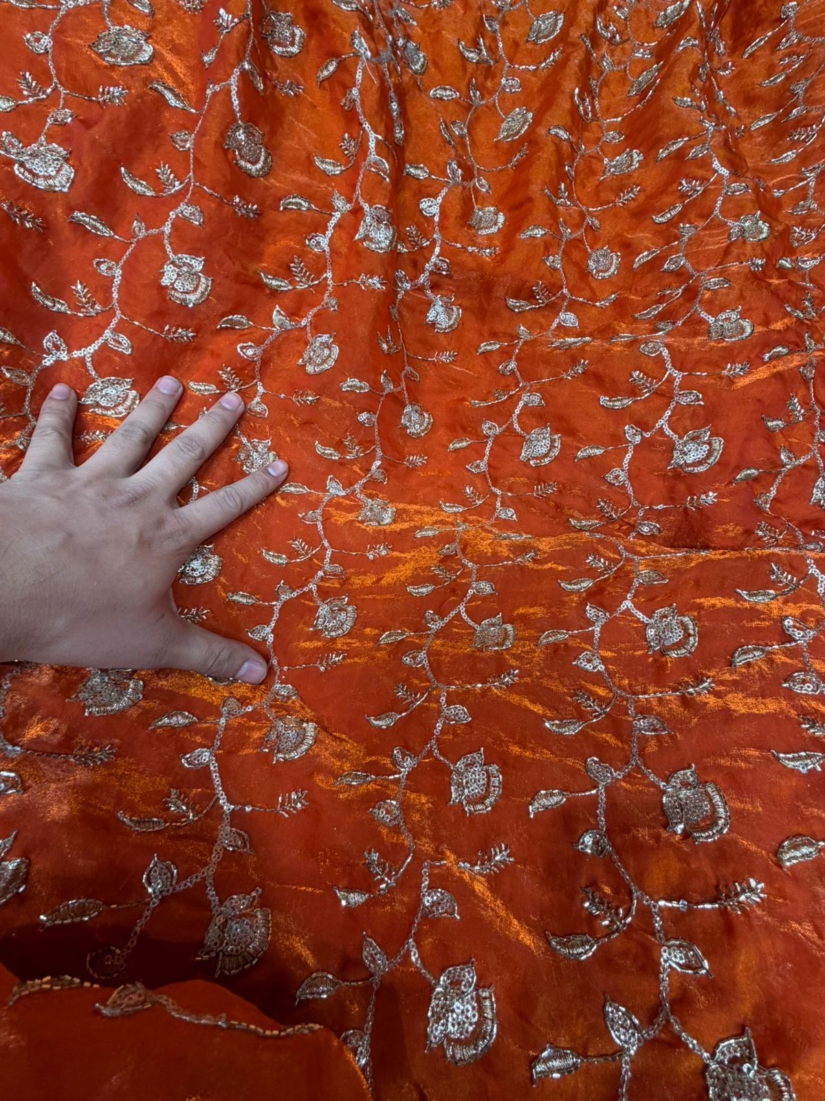 Royal Blue Fendy Work Gold Floral Embroidered Fabric – All Over Design | ₹350 per Meter
