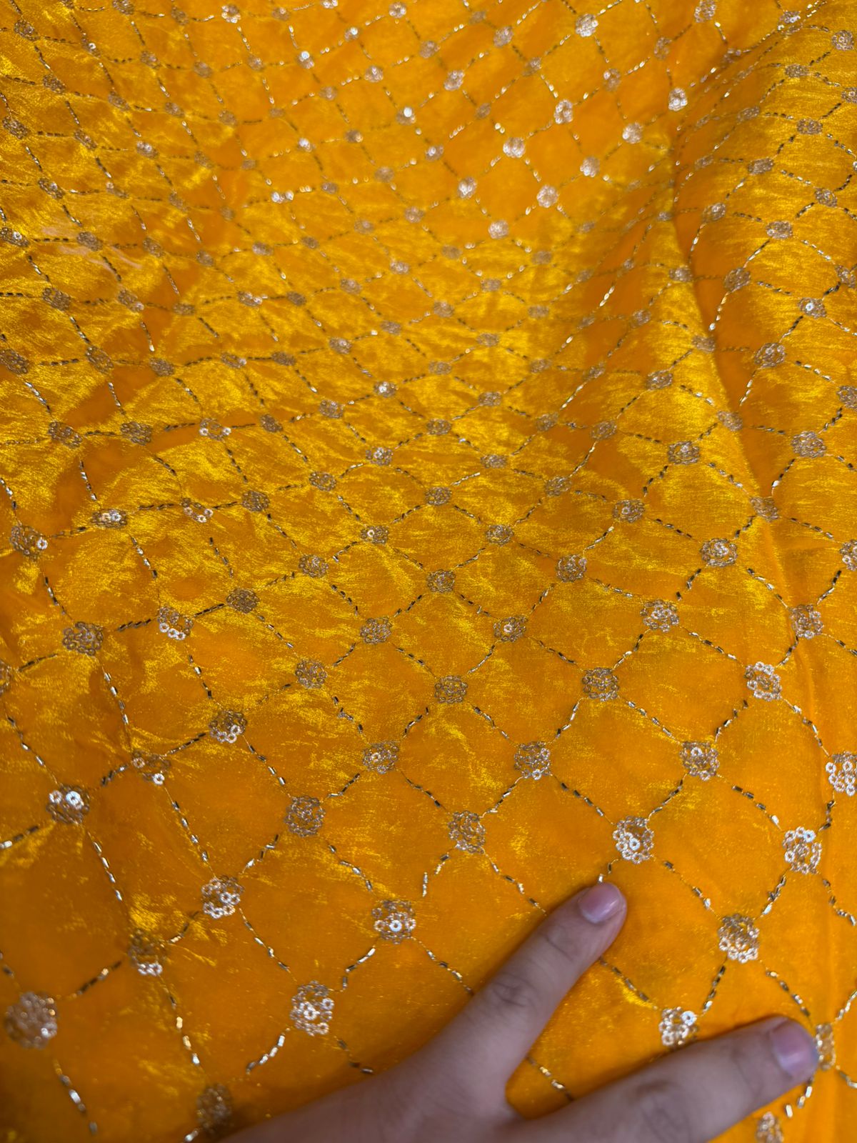Lavender Fendy Work Gold Jaal Embroidered Fabric with Sequin Flowers | ₹350 per Meter