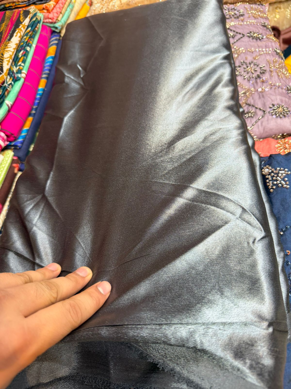 German Silk Fabric – Charcoal Grey | Smooth Glossy Finish | Easy Stitching | ₹120 per Meter