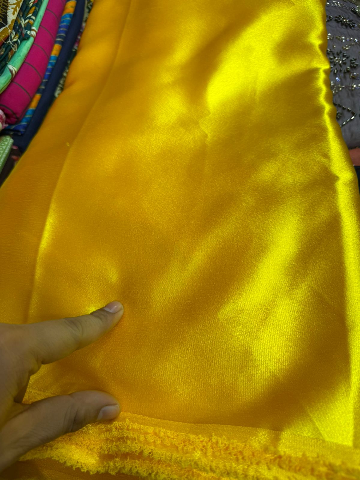 German Silk Fabric – Golden Yellow | Bright Gloss Finish | Easy Stitching | ₹120 per Meter