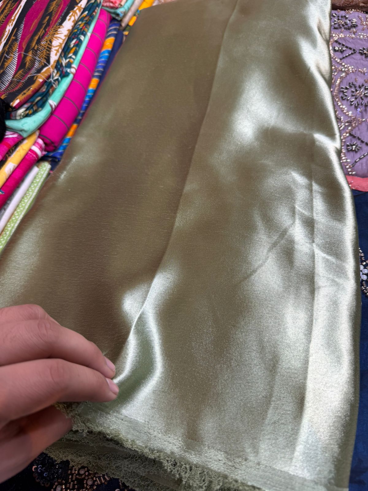 German Silk Fabric – Olive Gold | Soft Gloss Finish | Easy Stitching | ₹120 per Meter