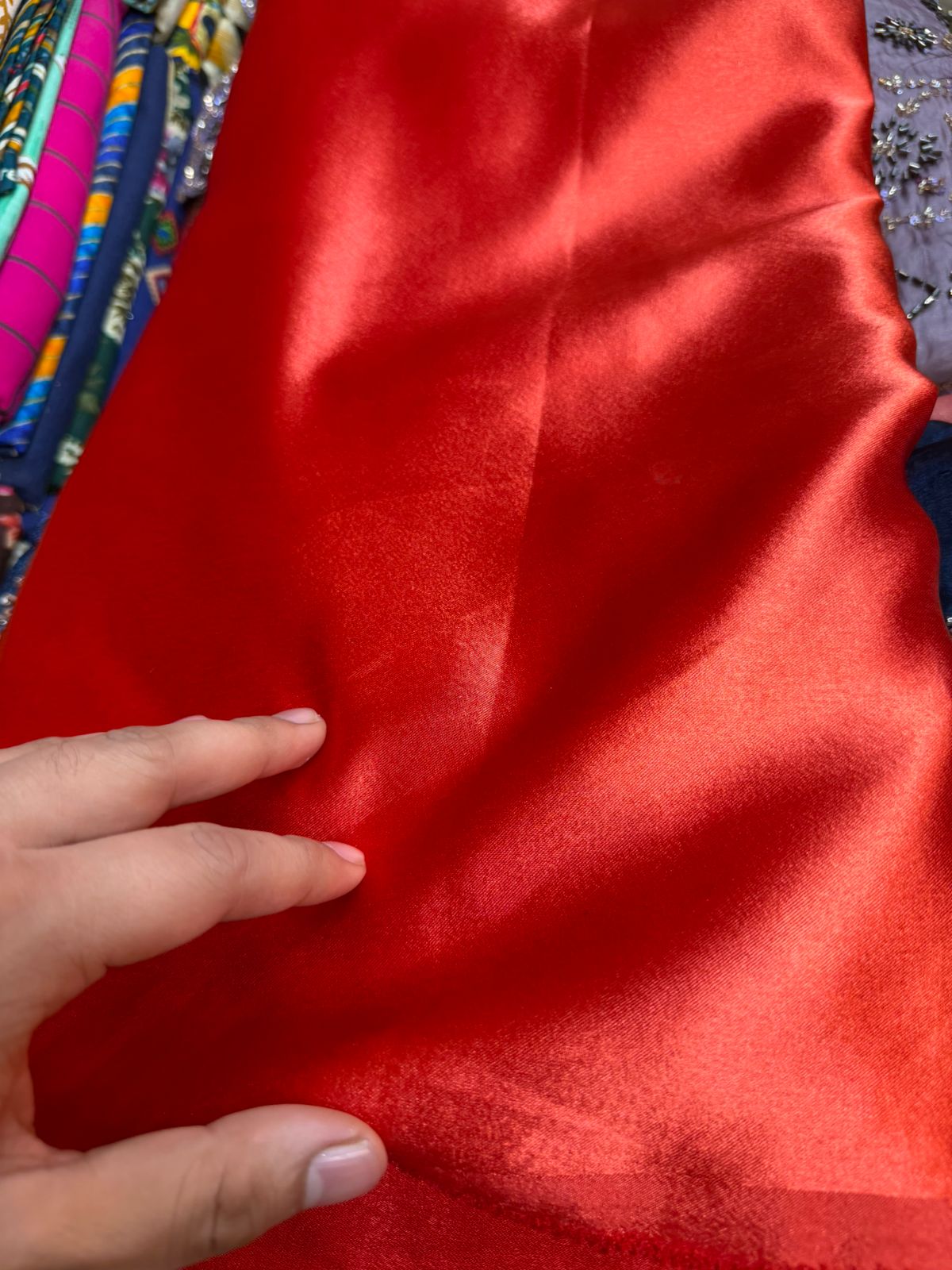 German Silk Fabric – Rich Red Color | High Shine Finish | ₹120 per Meter