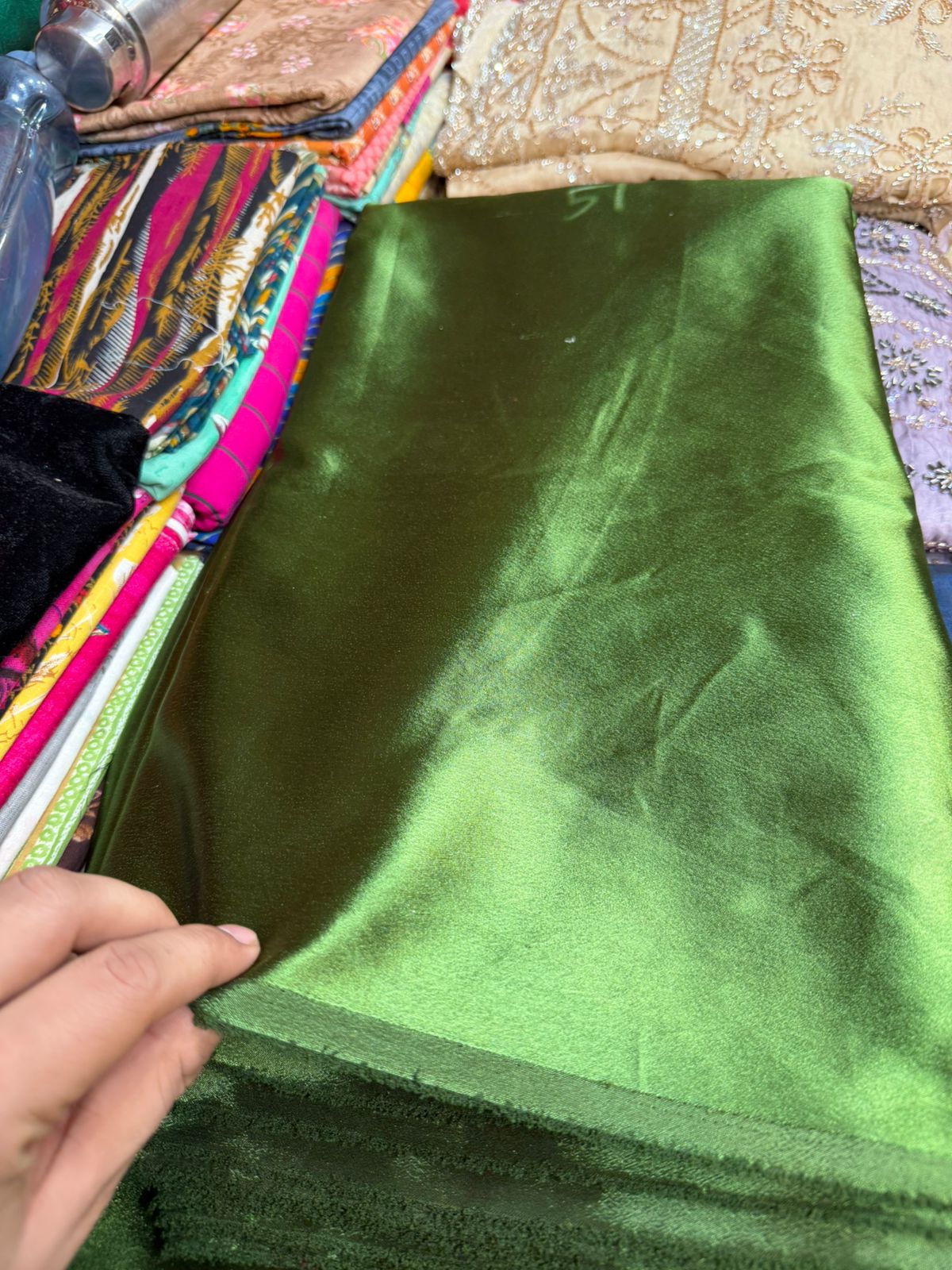 German Silk Fabric – Parrot Green Shade | Smooth Shiny Finish | ₹120 per Meter