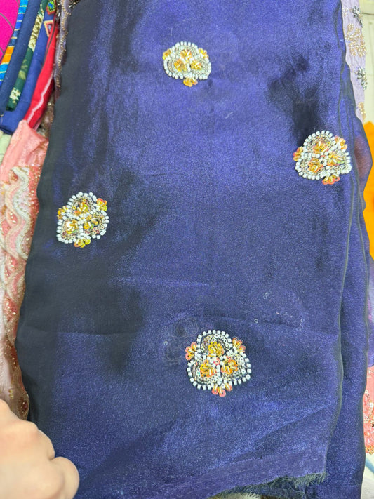 Navy Blue Fancy Fendy Fabric with Handwork Butti – Premium Light Party Wear