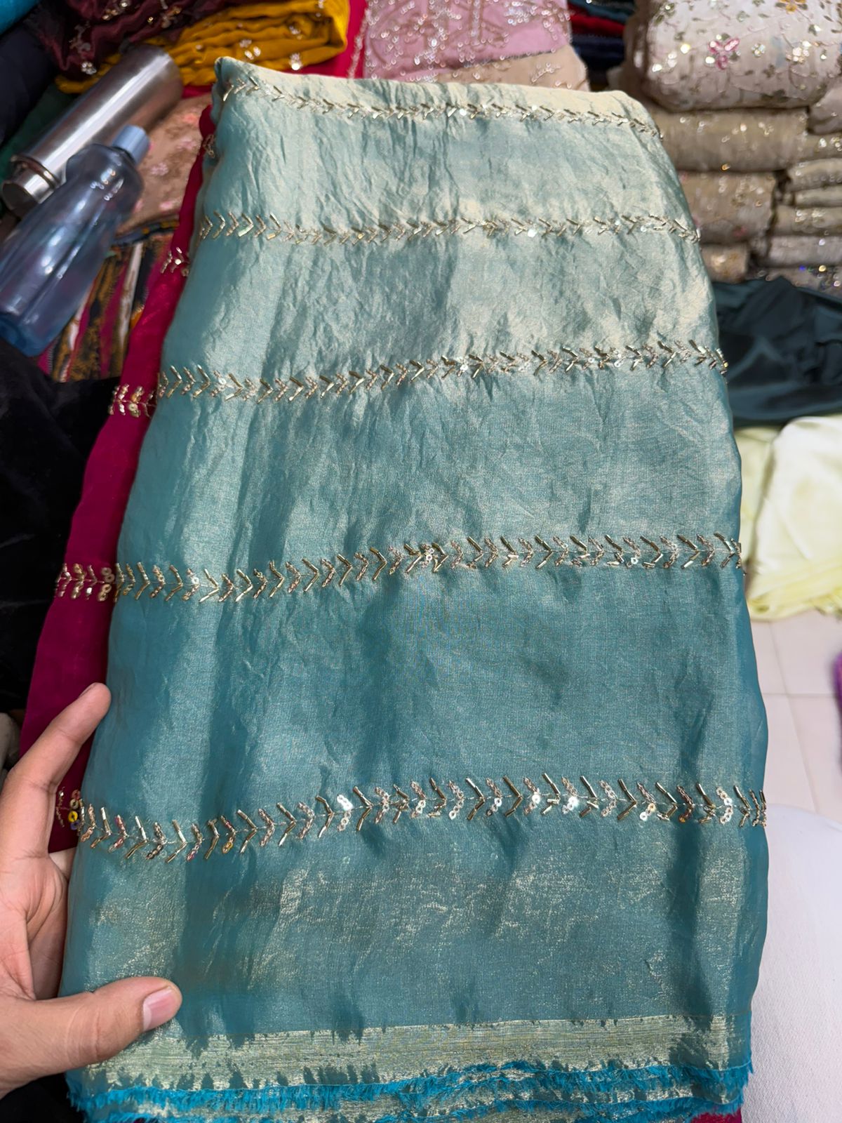 Teal Green Fancy Fendy Fabric with Linear Leaf Embroidery – Premium Party Wear
