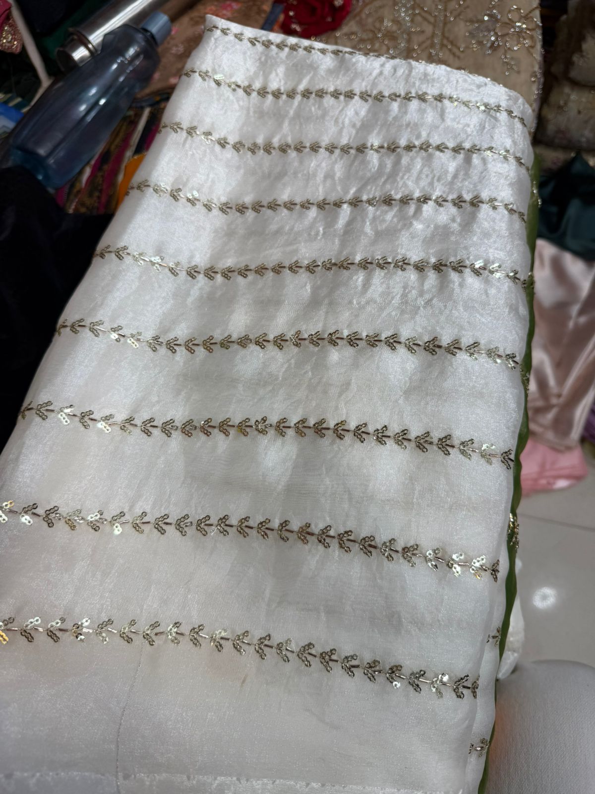 Off-White Fancy Fendy Fabric with Subtle Leaf Embroidery – Designer Wear