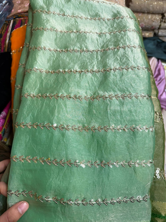 Pista Green Fancy Fendy Fabric with Leaf Line Embroidery – Elegant Ethnic Wear