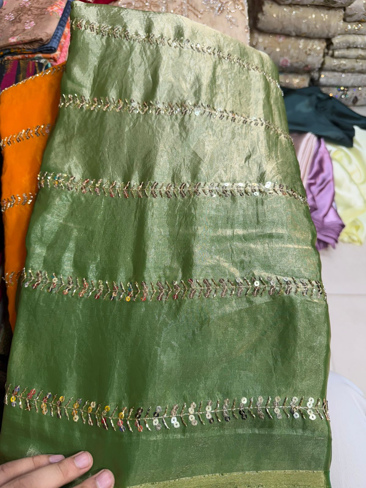 Olive Green Fancy Fendy Fabric with Leaf Line Sequin Embroidery – Premium Ethnic Wear