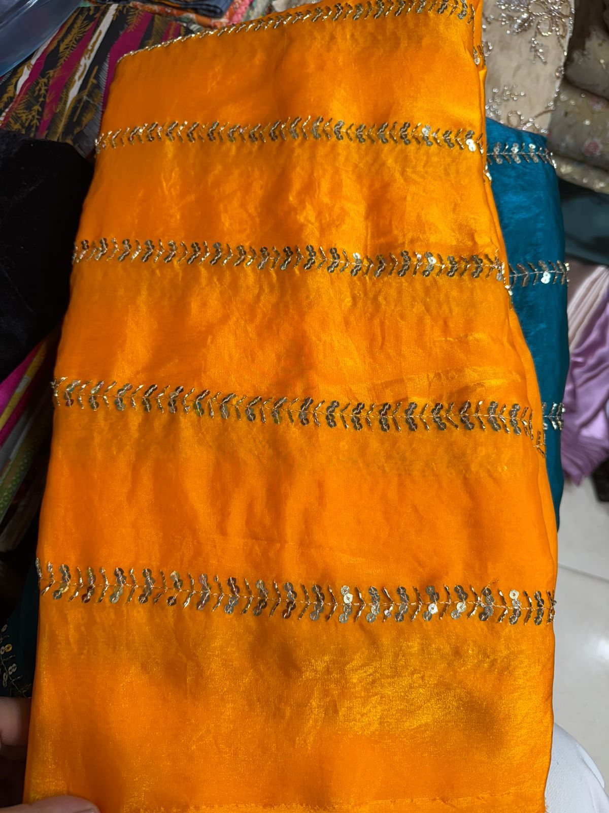 Mustard Orange Fancy Fendy Fabric with Golden Leaf Embroidery – Festive Wear