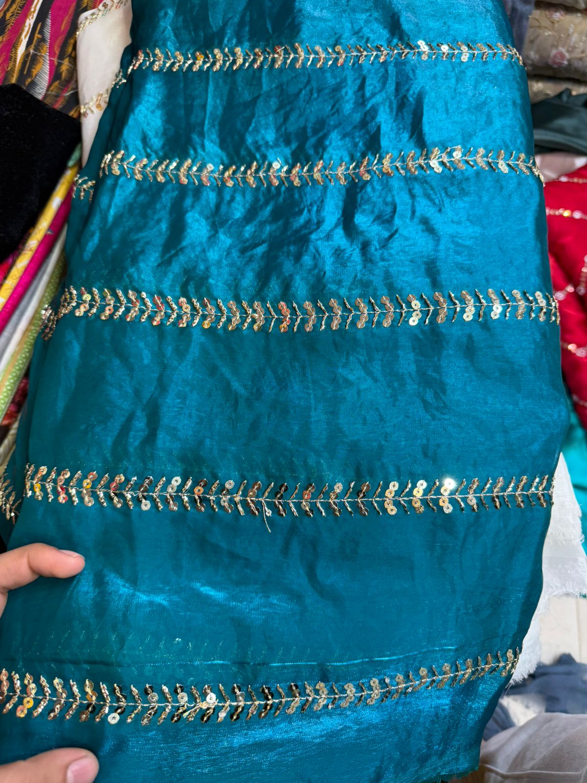 Teal Blue Fancy Fendy Fabric with Leaf Line Embroidery – Designer Party Wear
