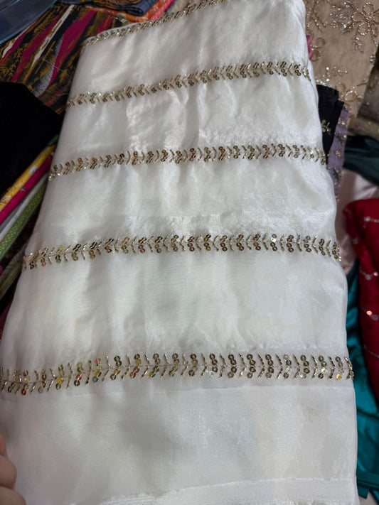 White Fancy Fendy Fabric with Minimal Leaf Sequin Embroidery – Premium Designer Wear
