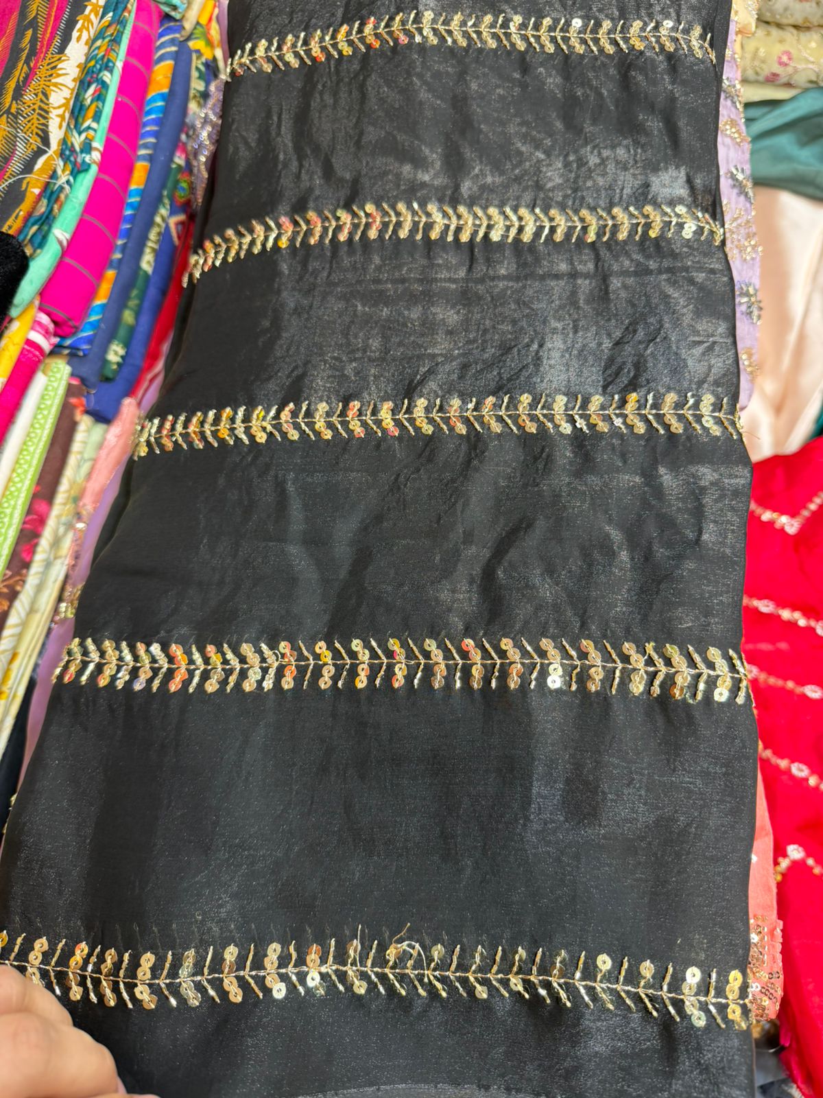 Black Fancy Fendy Fabric with Golden Leaf Line Embroidery – Elegant Party Wear