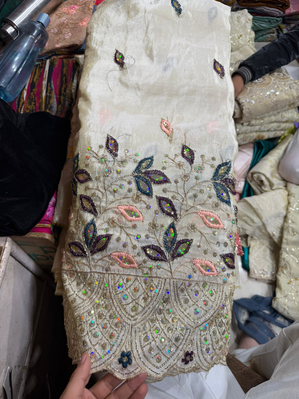 Ivory Premium Simar Fabric with Heavy Peacock Leaf Border Embroidery – Bridal Wear