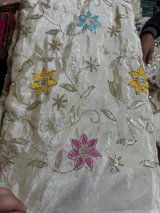 Ivory Simar Fabric with Multicolor Floral Vine Embroidery & Sequin Work | Per meter