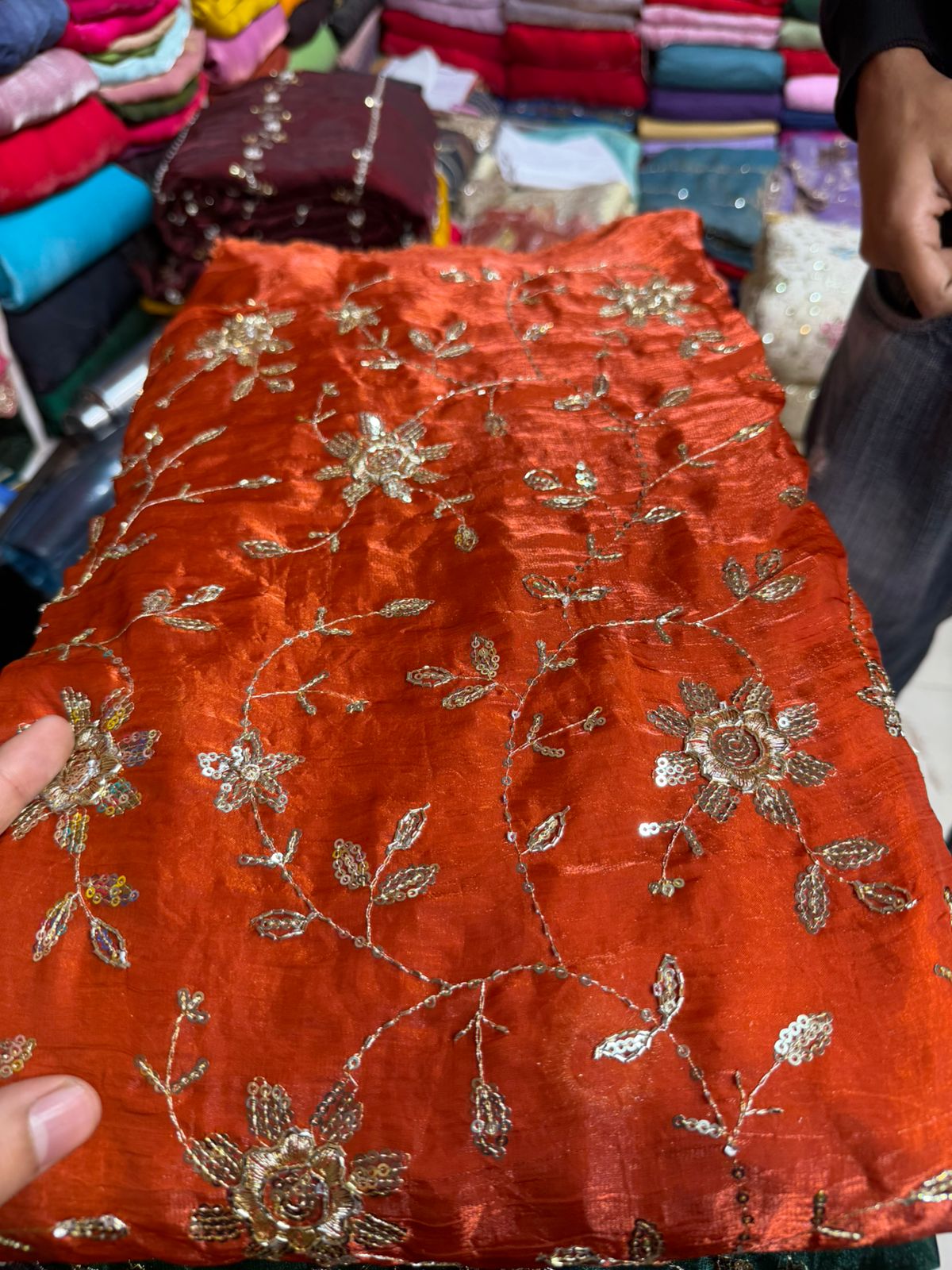 Work Fendy Fabric – Rust Orange Color with Heavy Embroidery | Premium Festive Wear | Per Meter
