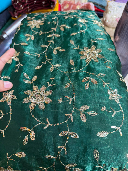 Work Fendy Fabric Per Meter – Emerald Green with Gold Embroidery | Wedding & Party Wear
