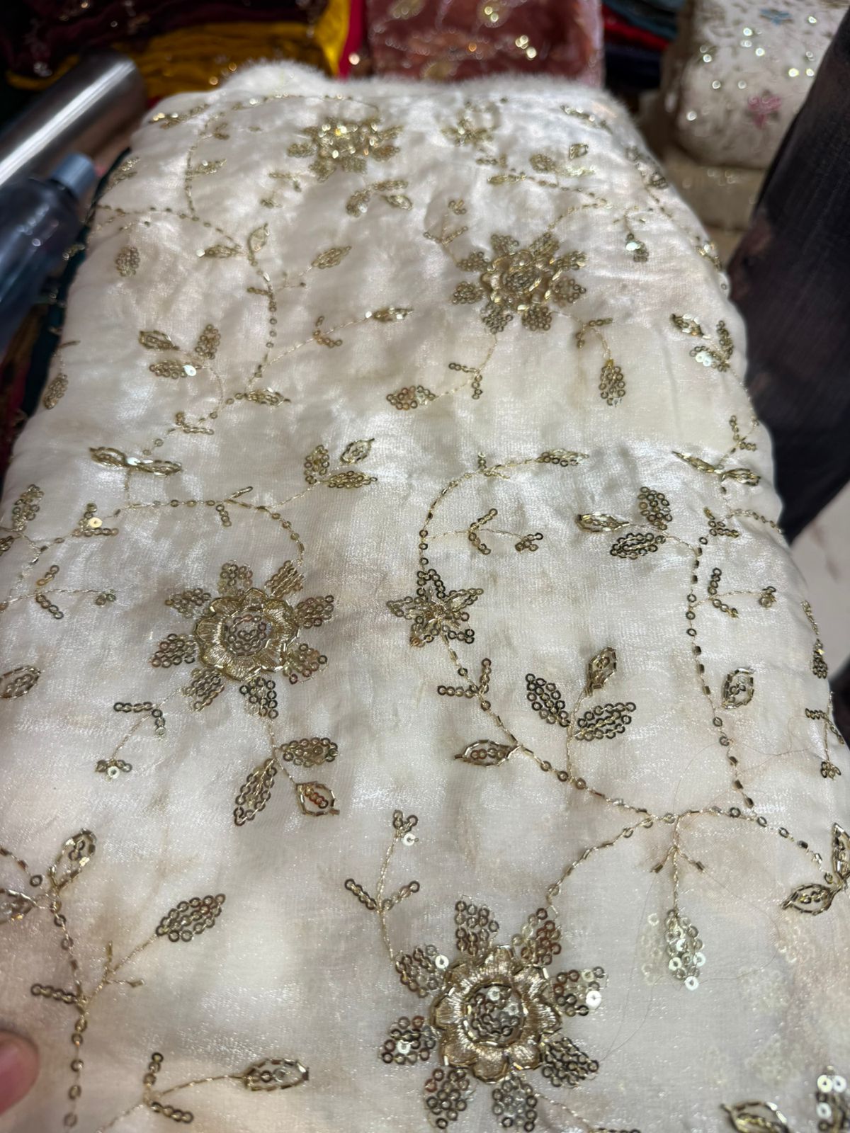 Work Fendy Fabric Per Meter – Off White Heavy Embroidered Fabric | Bridal & Festive Wear