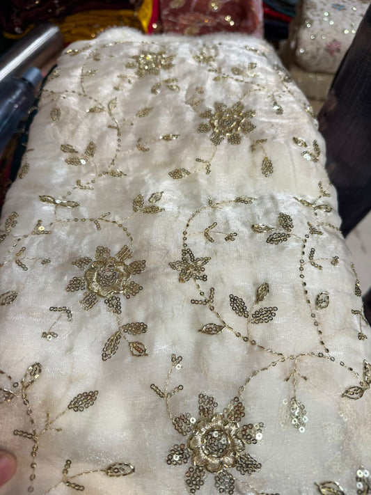 Work Fendy Fabric Per Meter – Off White Heavy Embroidered Fabric | Bridal & Festive Wear