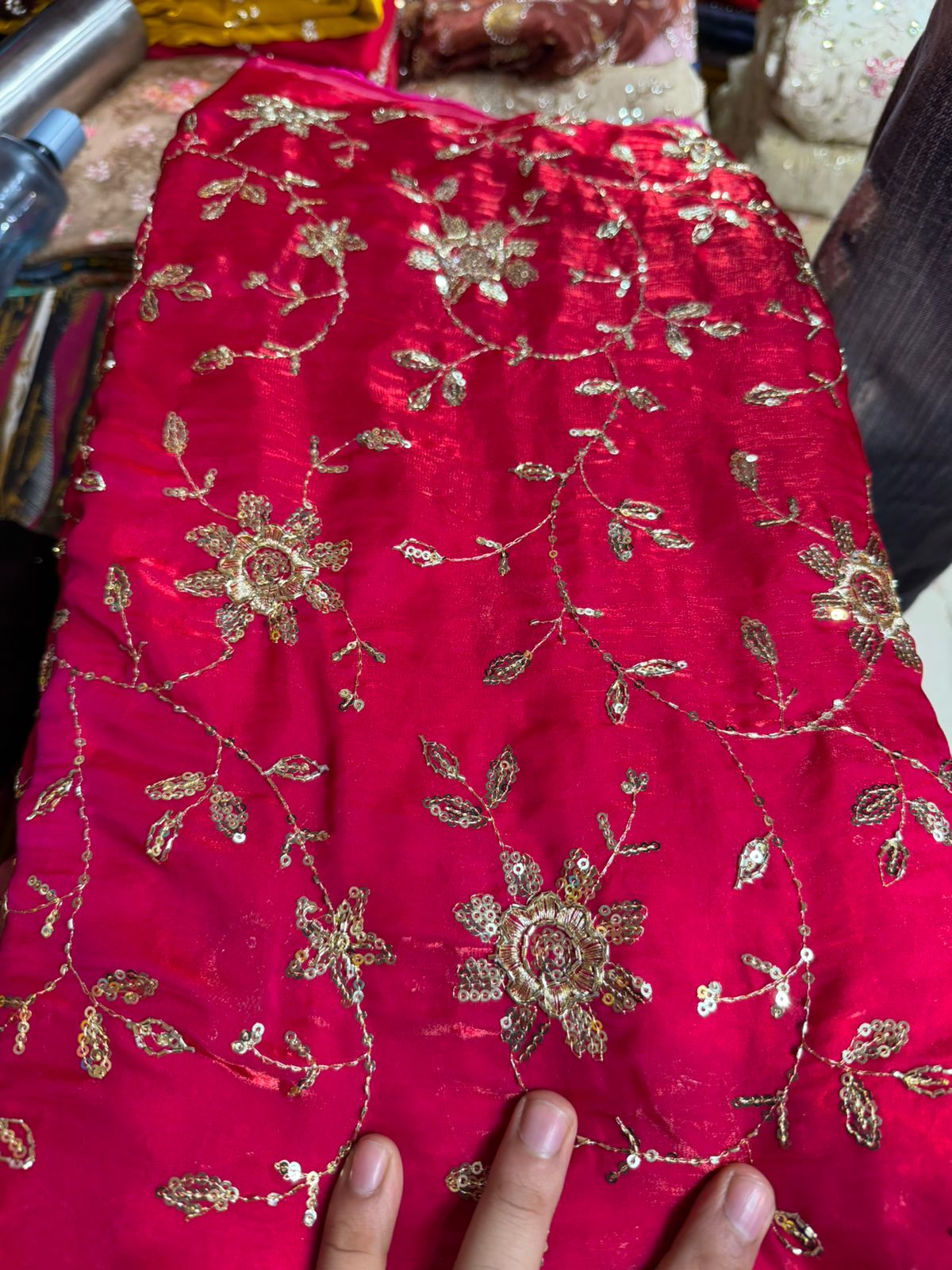Work Fendy Fabric Per Meter – Rani Pink Color with Heavy Embroidery | Wedding Wear