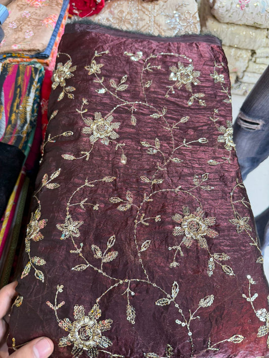 Work Fendy Fabric Per Meter – Wine Brown Color with Heavy Embroidery & Sequins