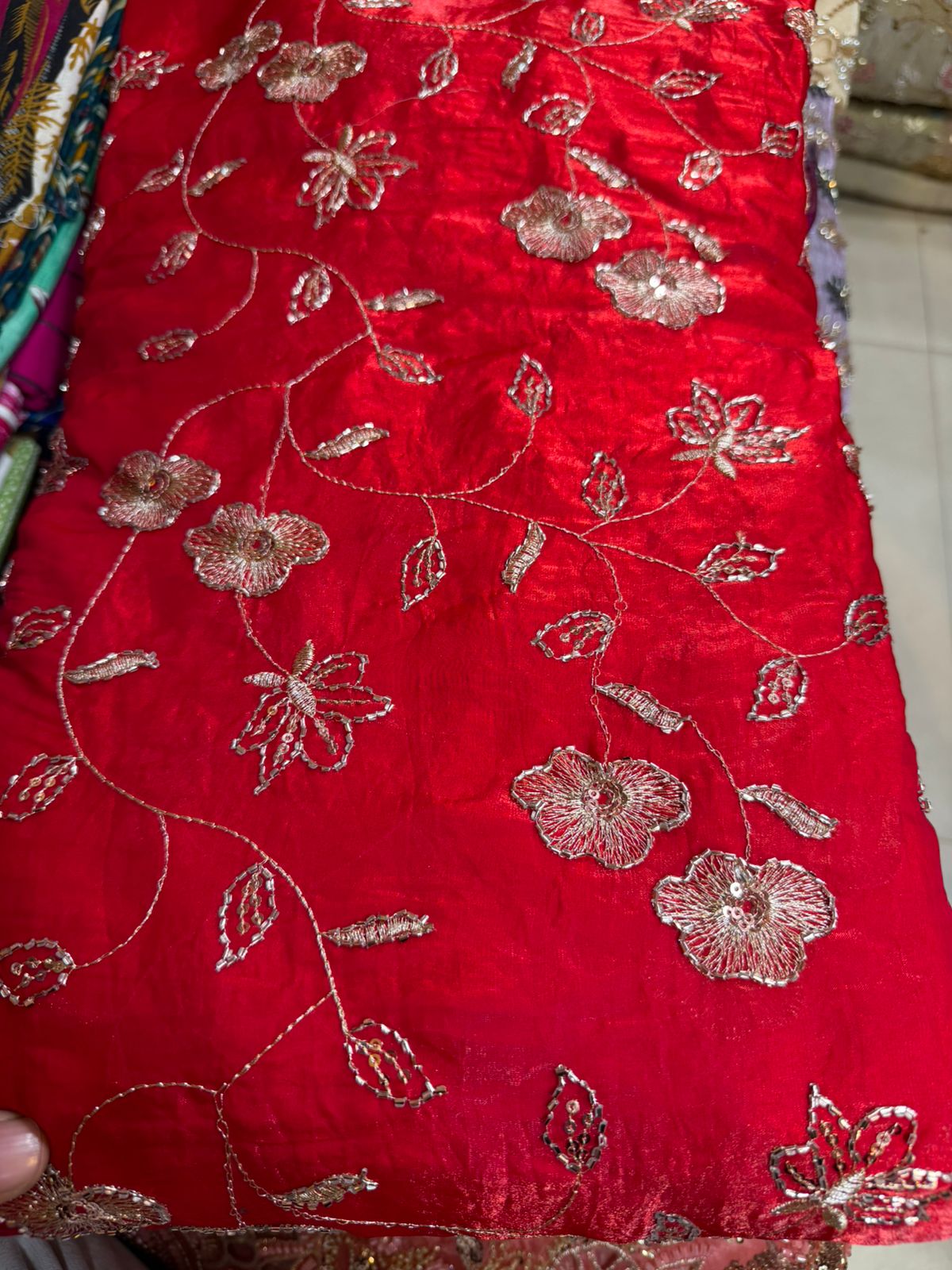Work Fendy Fabric Per Meter – Bright Red Color with Heavy Embroidery Work