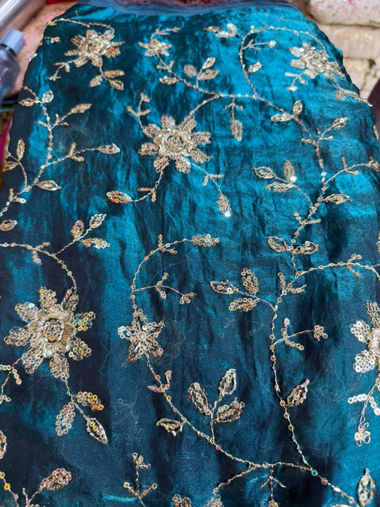 Work Fendy Fabric Per Meter – Teal Blue Heavy Embroidered Fabric | Designer Festive Wear