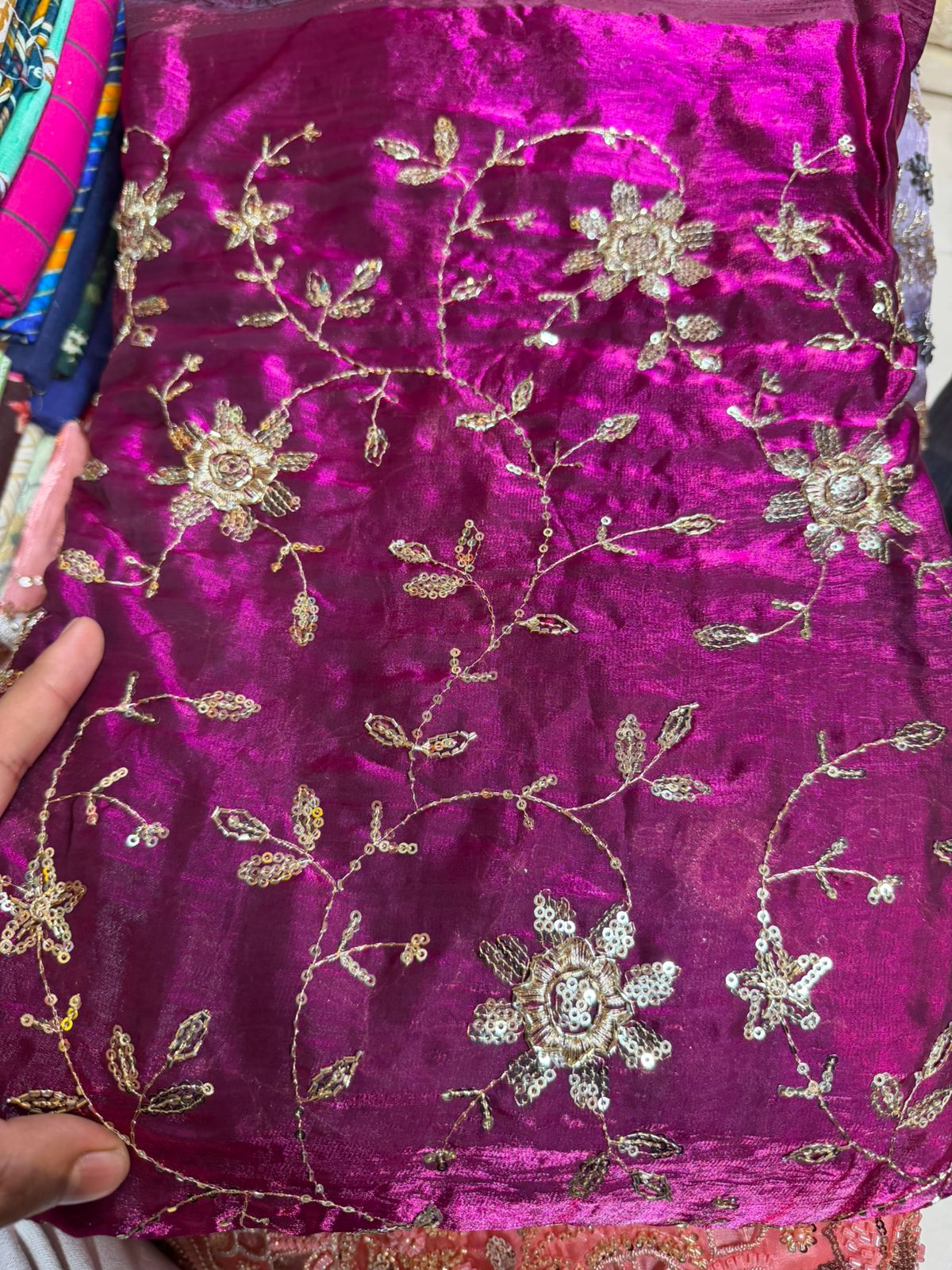 Work Fendy Fabric Per Meter – Rani Pink Designer Embroidered Fabric