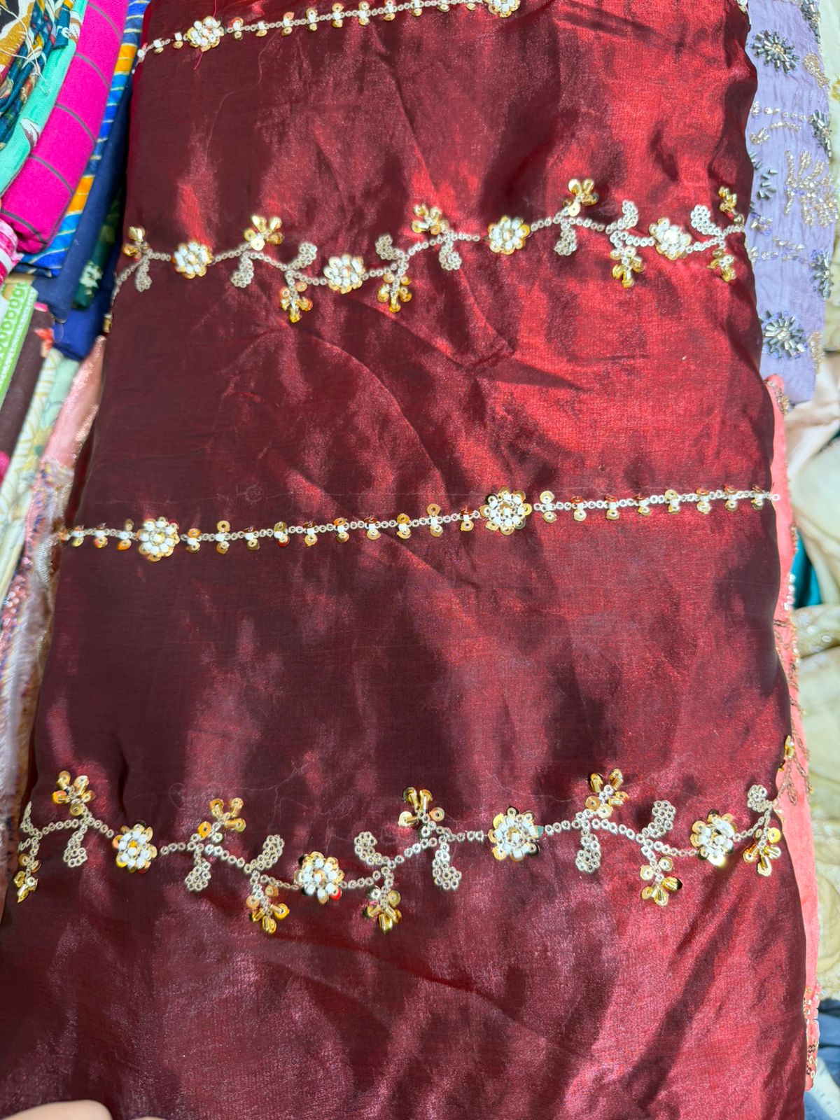 Work Fendy Embroidered Fabric – Wine Maroon Color | Heavy Sequin Work | Per Meter