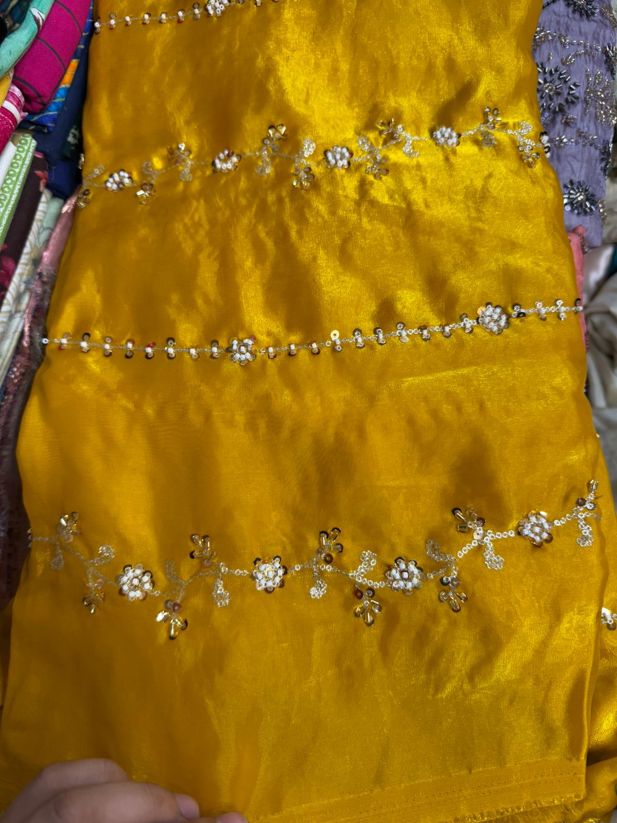 Work Fendy Embroidered Fabric – Mustard Yellow Color | Heavy Sequin Work | Per Meter