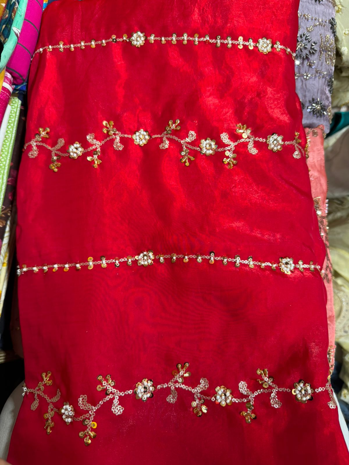 Work Fendy Embroidered Fabric – Classic Red Color | Heavy Sequin Work | Per Meter