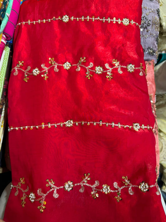 Work Fendy Embroidered Fabric – Classic Red Color | Heavy Sequin Work | Per Meter